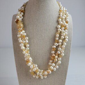 Chunky 3-Strand Natural Pearl Agate Beaded Statement Necklace 21" Sterling Clasp